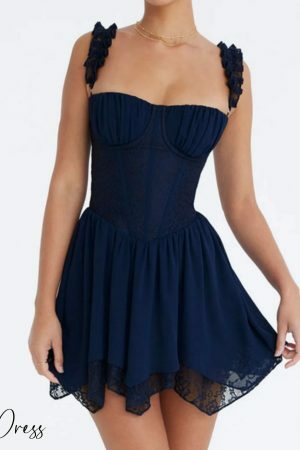 Navy Lace Corset A-Line Mini Party Dress with Boning