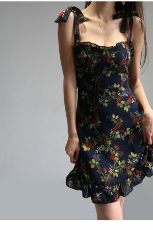 Navy Mini Strap Dress with Red Roses and Ruffle Flounce