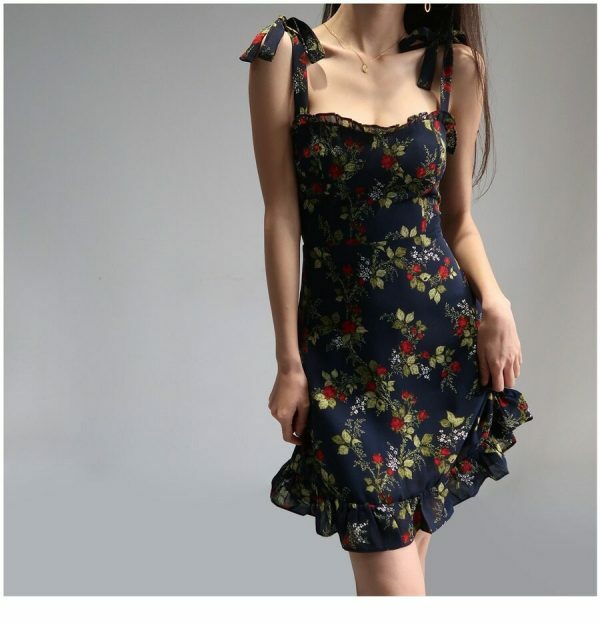 Navy Mini Strap Dress with Red Roses and Ruffle Flounce