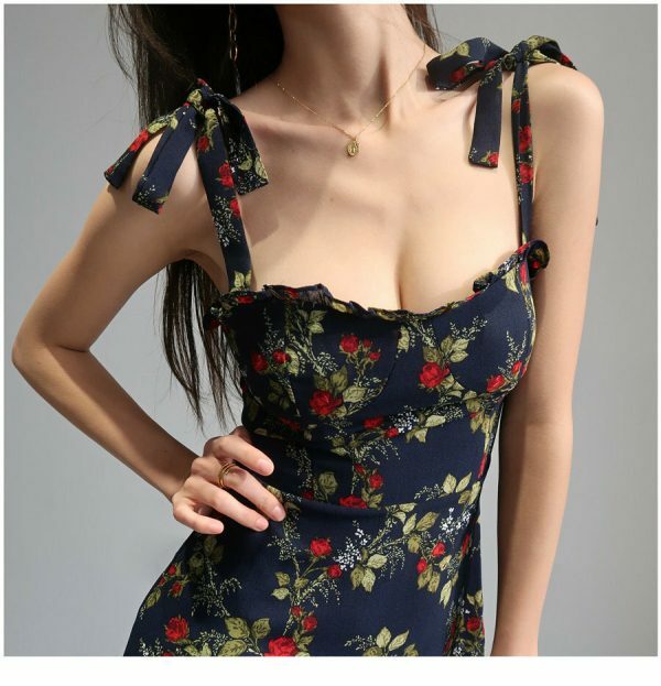 Navy Mini Strap Dress with Red Roses and Ruffle Flounce