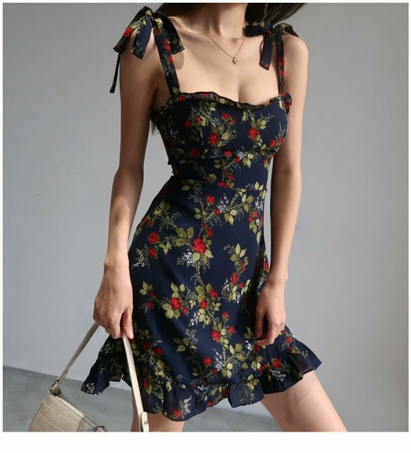 Navy Mini Strap Dress with Red Roses and Ruffle Flounce