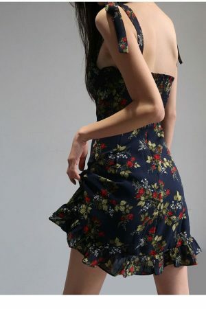 Navy Mini Strap Dress with Red Roses and Ruffle Flounce