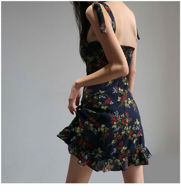 Navy Mini Strap Dress with Red Roses and Ruffle Flounce