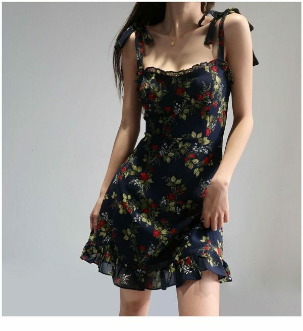 Navy Mini Strap Dress with Red Roses and Ruffle Flounce