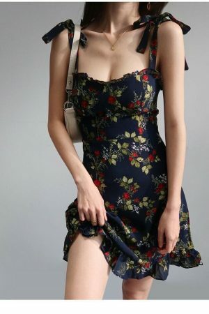 Navy Mini Strap Dress with Red Roses and Ruffle Flounce