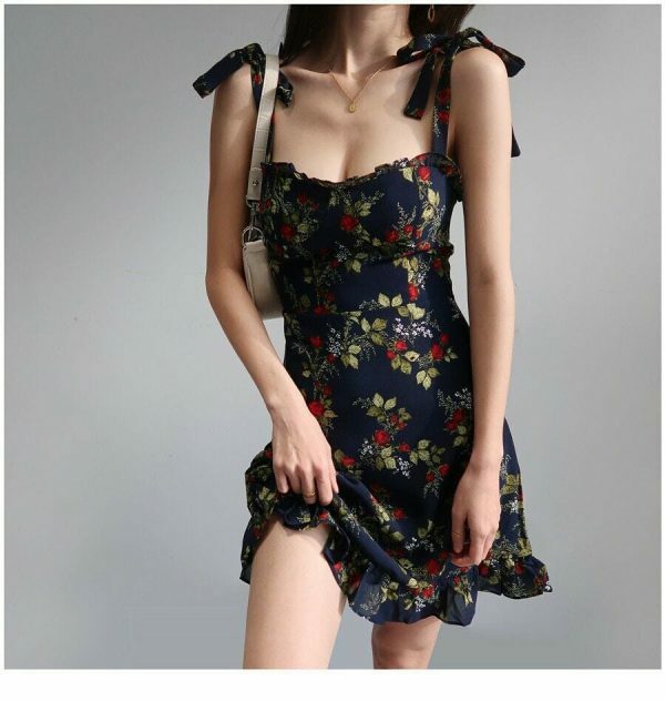 Navy Mini Strap Dress with Red Roses and Ruffle Flounce