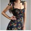 Navy Mini Strap Dress with Red Roses and Ruffle Flounce