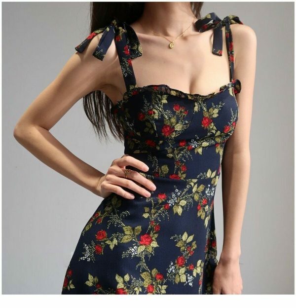 Navy Mini Strap Dress with Red Roses and Ruffle Flounce