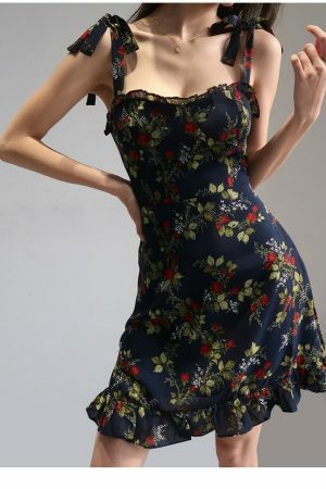 Navy Mini Strap Dress with Red Roses and Ruffle Flounce