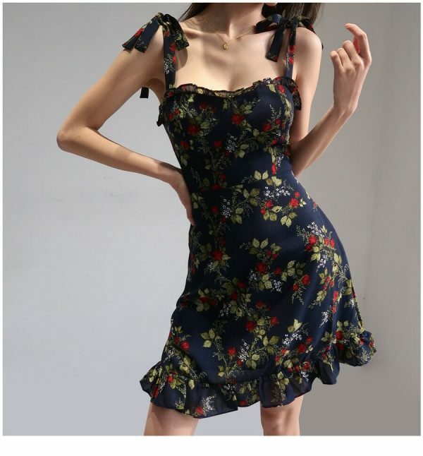 Navy Mini Strap Dress with Red Roses and Ruffle Flounce