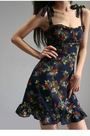 Navy Mini Strap Dress with Red Roses and Ruffle Flounce