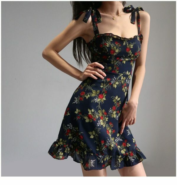 Navy Mini Strap Dress with Red Roses and Ruffle Flounce