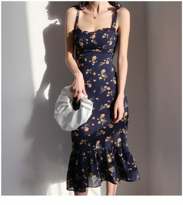 Navy Orange Floral Maxi Dress Y2K Streetwear Aesthetic