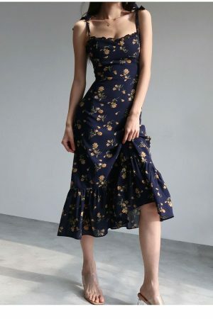 Navy Orange Floral Maxi Dress Y2K Streetwear Aesthetic