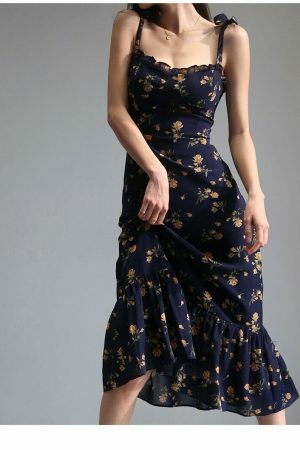 Navy Orange Floral Maxi Dress Y2K Streetwear Aesthetic