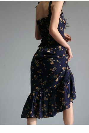 Navy Orange Floral Maxi Dress Y2K Streetwear Aesthetic