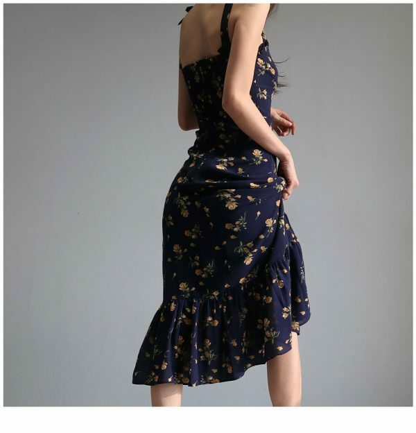 Navy Orange Floral Maxi Dress Y2K Streetwear Aesthetic