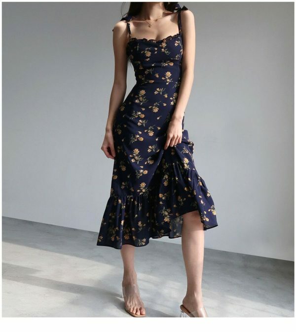 Navy Orange Floral Maxi Dress Y2K Streetwear Aesthetic