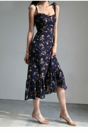 Navy Orange Floral Maxi Dress Y2K Streetwear Aesthetic