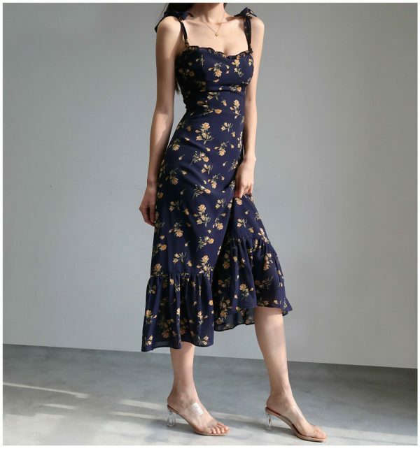 Navy Orange Floral Maxi Dress Y2K Streetwear Aesthetic