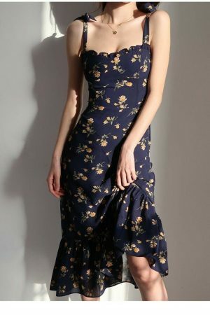 Navy Orange Floral Maxi Dress Y2K Streetwear Aesthetic