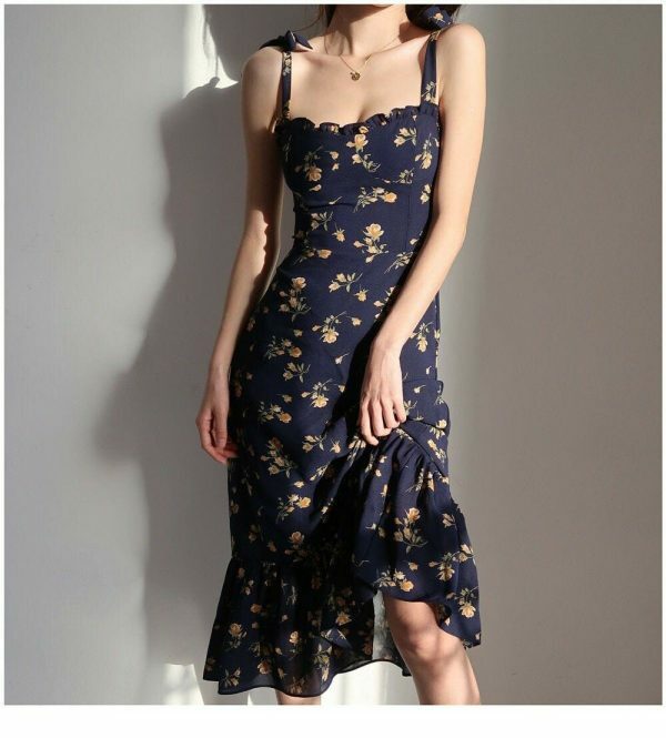 Navy Orange Floral Maxi Dress Y2K Streetwear Aesthetic