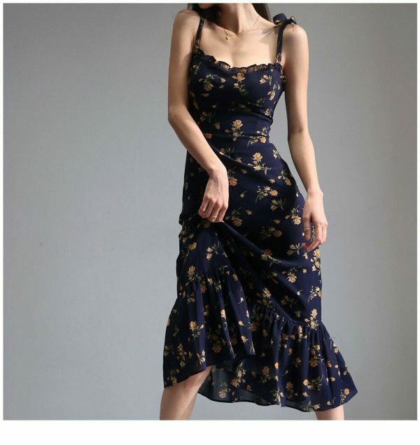 Navy Orange Floral Maxi Dress Y2K Streetwear Aesthetic