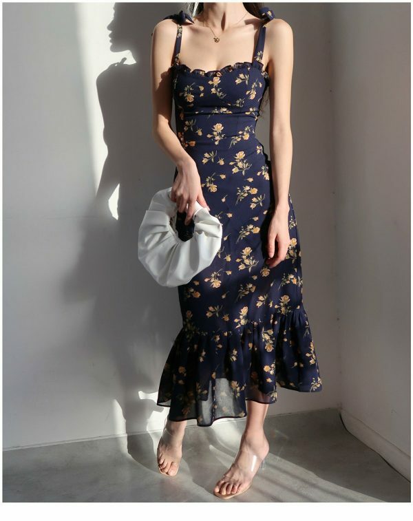 Navy Orange Floral Maxi Dress Y2K Streetwear Aesthetic