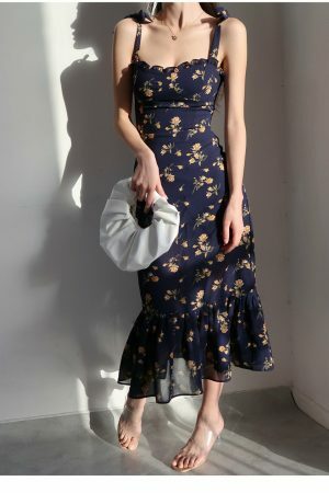 Navy Orange Floral Maxi Dress Y2K Streetwear Aesthetic