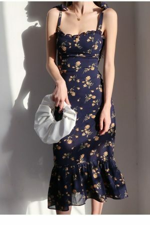 Navy Orange Floral Maxi Dress Y2K Streetwear Aesthetic