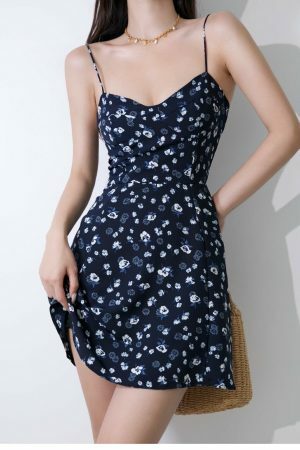 Navy White Floral Mini Strap Dress Y2K Streetwear Aesthetic