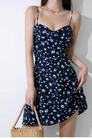 Navy White Floral Mini Strap Dress Y2K Streetwear Aesthetic