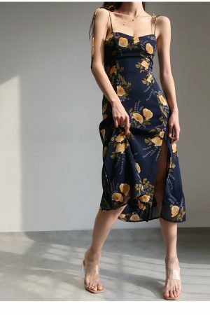 Navy Yellow Floral Midi Dress Y2K Streetwear Aesthetic