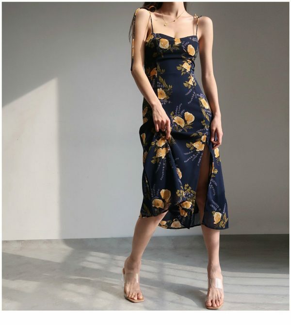 Navy Yellow Floral Midi Dress Y2K Streetwear Aesthetic