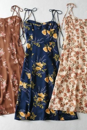 Navy Yellow Floral Midi Dress Y2K Streetwear Aesthetic