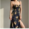 Navy Yellow Floral Midi Dress Y2K Streetwear Aesthetic