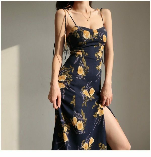 Navy Yellow Floral Midi Dress Y2K Streetwear Aesthetic