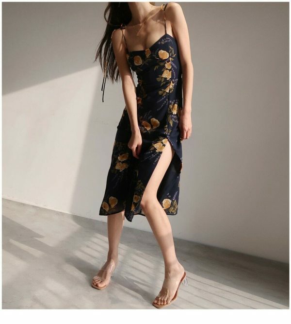 Navy Yellow Floral Midi Dress Y2K Streetwear Aesthetic