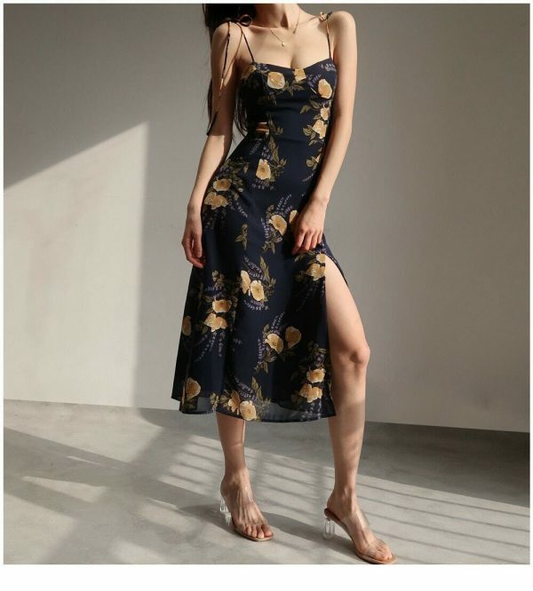 Navy Yellow Floral Midi Dress Y2K Streetwear Aesthetic