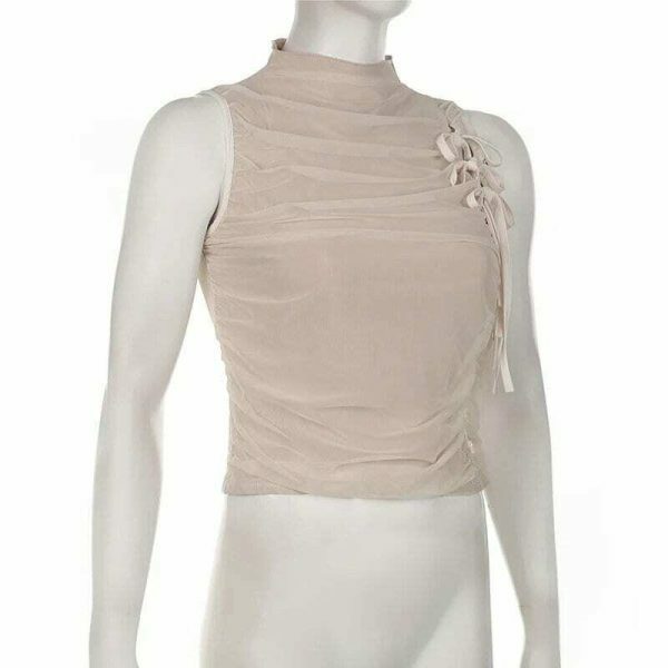 Nude Mesh Ruffle Crop Top with Bows | Y2K Aesthetic