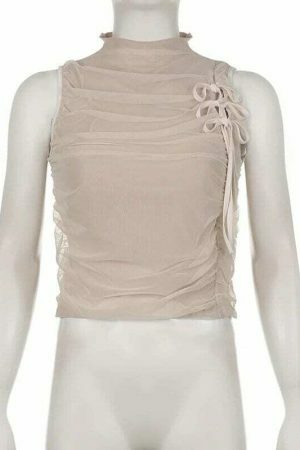 Nude Mesh Ruffle Crop Top with Bows | Y2K Aesthetic