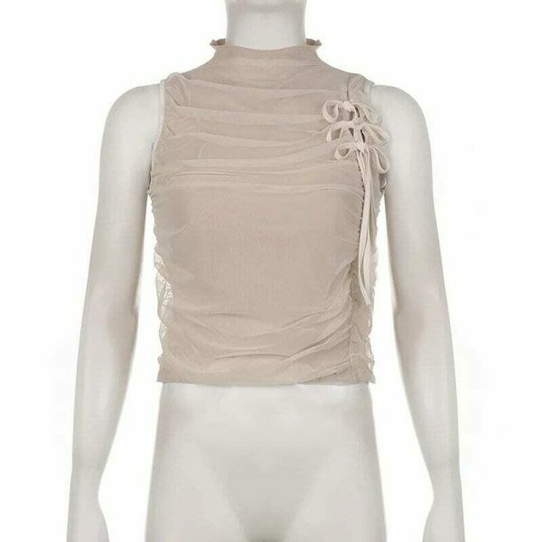 Nude Mesh Ruffle Crop Top with Bows | Y2K Aesthetic