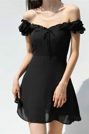 Off Shoulder Black Mini Dress with Puff Sleeves and Ruffle Flounce