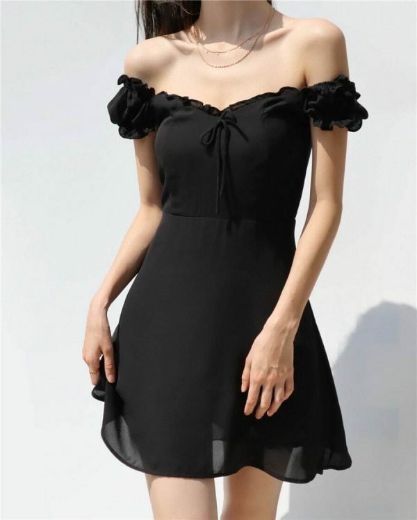 Off Shoulder Black Mini Dress with Puff Sleeves and Ruffle Flounce