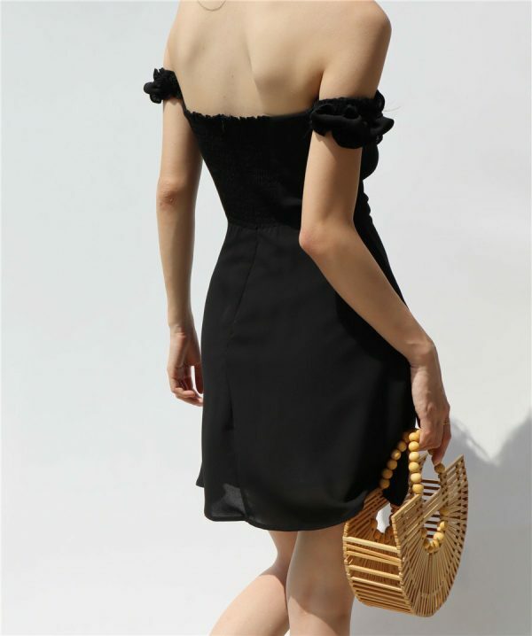 Off Shoulder Black Mini Dress with Puff Sleeves and Ruffle Flounce