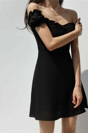 Off Shoulder Black Mini Dress with Puff Sleeves and Ruffle Flounce