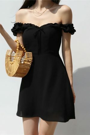 Off Shoulder Black Mini Dress with Puff Sleeves and Ruffle Flounce