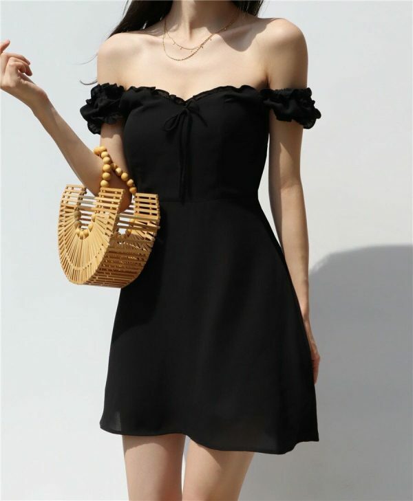 Off Shoulder Black Mini Dress with Puff Sleeves and Ruffle Flounce