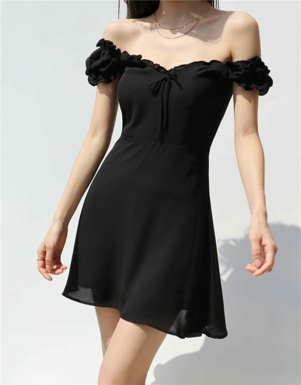 Off Shoulder Black Mini Dress with Puff Sleeves and Ruffle Flounce