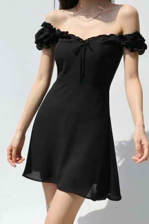 Off Shoulder Black Mini Dress with Puff Sleeves and Ruffle Flounce